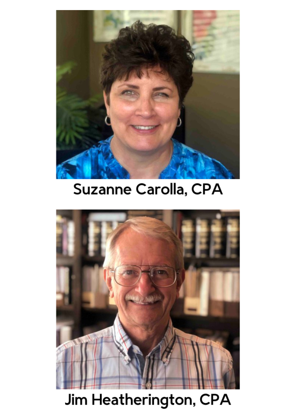 Top photo is image of Suzanne Carolla, CPA. Bottom image is Jim Heatherington, CPA